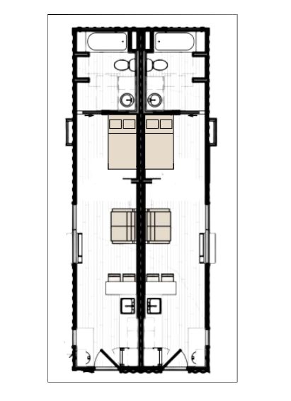 Floor plan of a studio loft at Ashley Lofts showing the kitchen, bath, and sleeping area