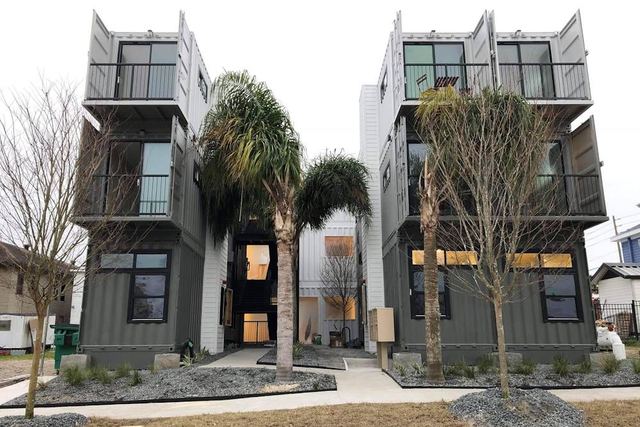 Front of the container buildings and courtyard entry